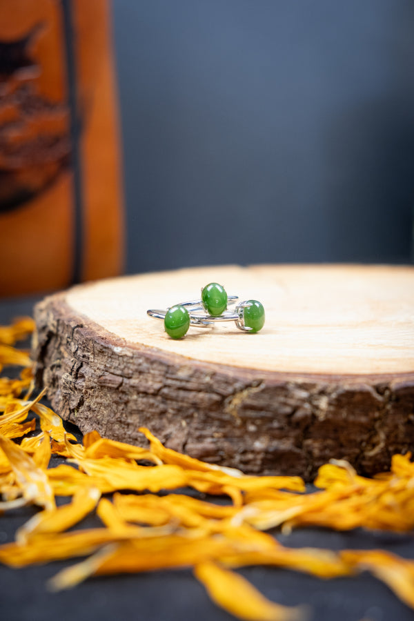 Green Jade Sterling Silver Adjustable Ring, Natural Crystal Gemstone Ring for Luck Prosperity Balance and Protection