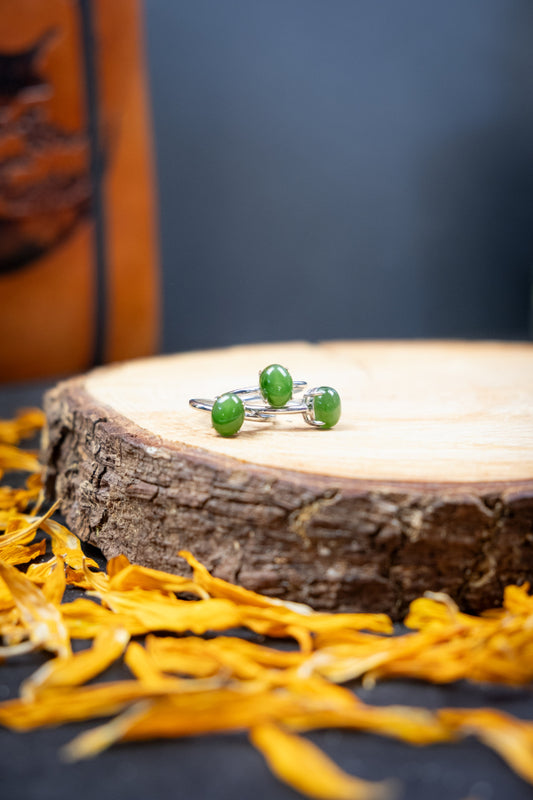 Green Jade Sterling Silver Adjustable Ring, Natural Crystal Gemstone Ring for Luck Prosperity Balance and Protection
