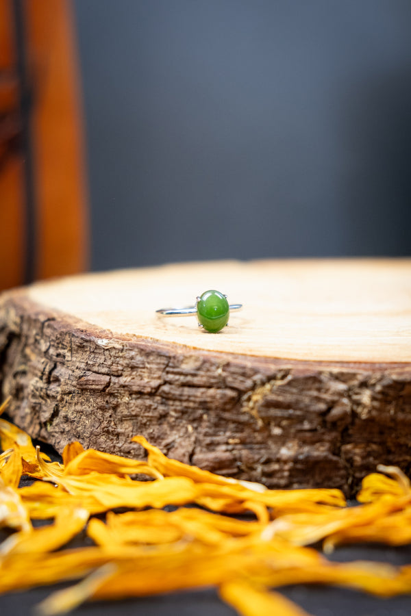 Green Jade Sterling Silver Adjustable Ring, Natural Crystal Gemstone Ring for Luck Prosperity Balance and Protection