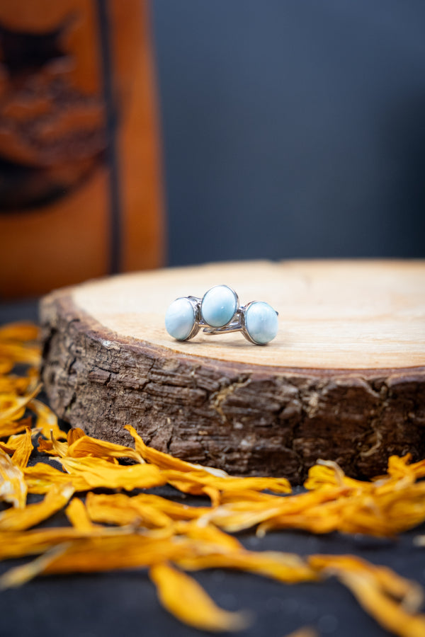 Larimar Sterling Silver Adjustable Ring, Calming Crystal Ring, Caribbean Blue Stone, Throat Chakra, Stress Relief, Emotional Healing