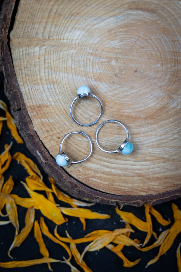 Larimar Sterling Silver Adjustable Ring, Calming Crystal Ring, Caribbean Blue Stone, Throat Chakra, Stress Relief, Emotional Healing