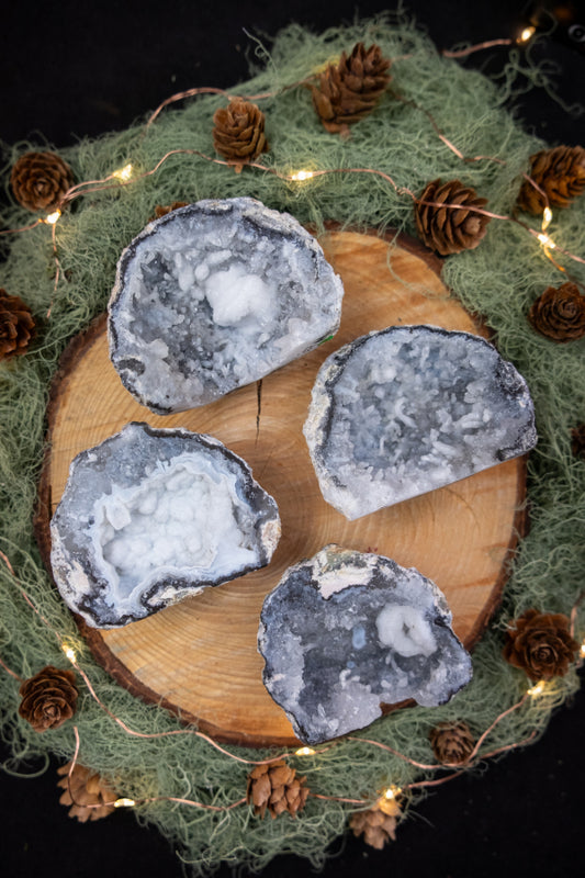 Druzy Chalcedony Geode Crystal from Brazil, Sparkling Blue Quartz Gemstone for Calm, Balance and Meditation