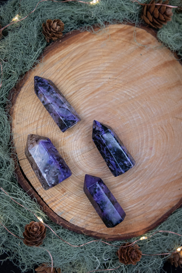 High Grade Charoite Crystal Point, Rare Purple Gemstone Tower for Spiritual Growth, Emotional Healing and Crown Chakra Alignment