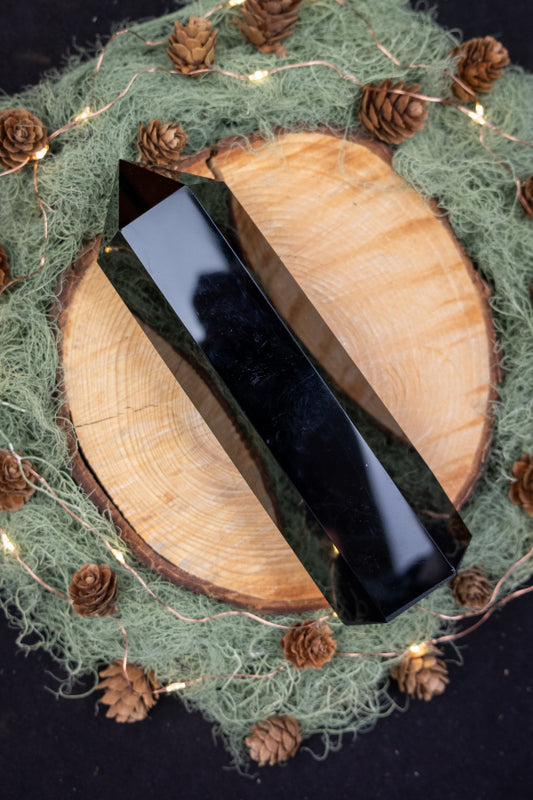 Large Black Obsidian Point Crystal, Natural Obsidian Stone Tower for Energy Protection, Grounding & Aura Cleansing