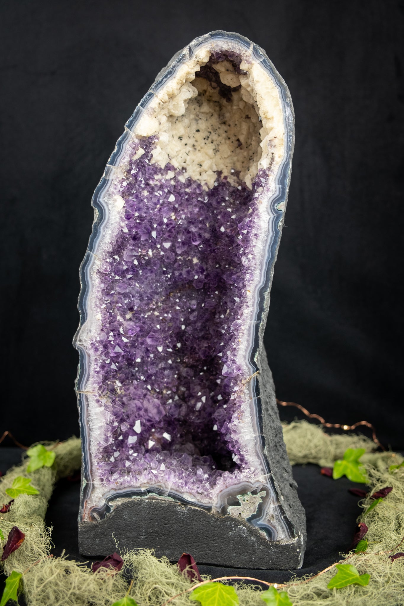 Amethyst Cathedral Geode with Rare Calcite Inclusion, Deep Purple Crystal Cave, Healing Gemstone from Brazil