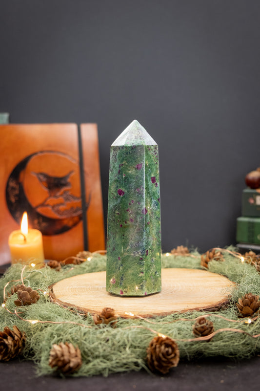 Ruby Fuchsite Tower, Polished Crystal Point, Heart Healing Gemstone for Balance, Love and Emotional Strength