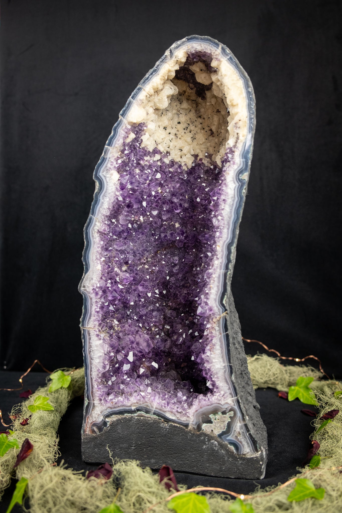 Amethyst Cathedral Geode with Rare Calcite Inclusion, Deep Purple Crystal Cave, Healing Gemstone from Brazil
