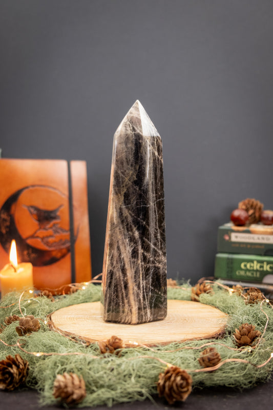 Black Moonstone Point Crystal, Gemstone Tower for New Beginnings, Intuition & Emotional Balance