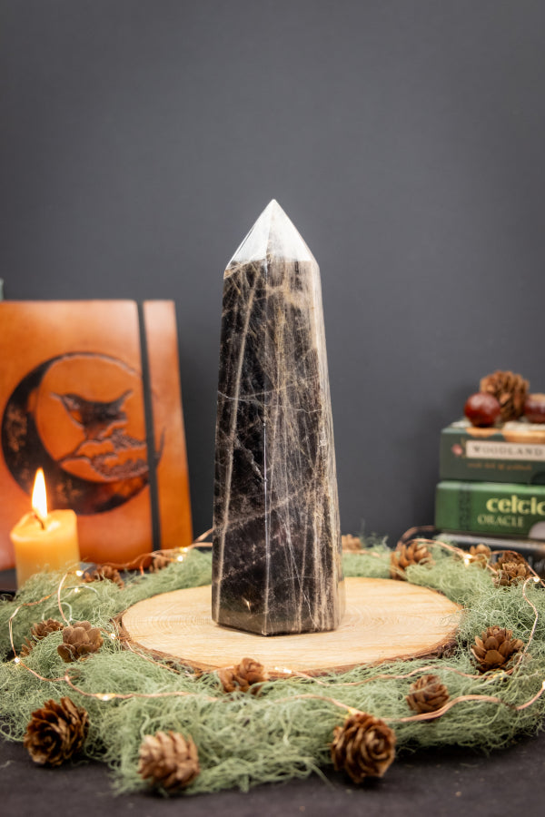 Black Moonstone Point Crystal, Gemstone Tower for New Beginnings, Intuition & Emotional Balance
