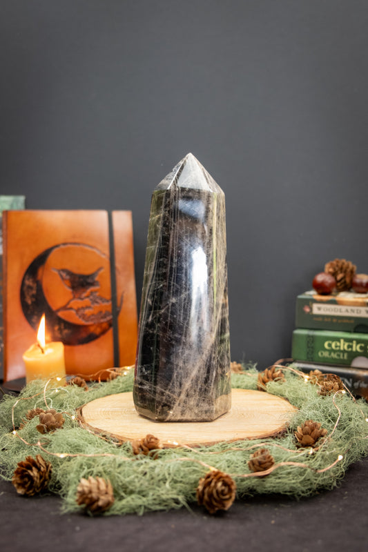 Large Black Moonstone Point Crystal, Gemstone Tower for New Beginnings, Intuition & Emotional Balance