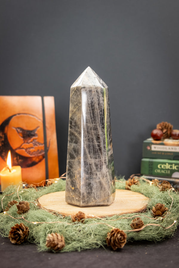 Large Black Moonstone Point Crystal, Gemstone Tower for New Beginnings, Intuition & Emotional Balance