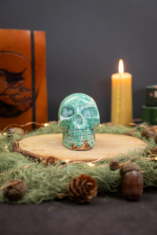 Chrysocolla Crystal Skull Carving, Hand-Carved Gemstone Skull from Peru for Emotional Healing, Calm and Inner Wisdom
