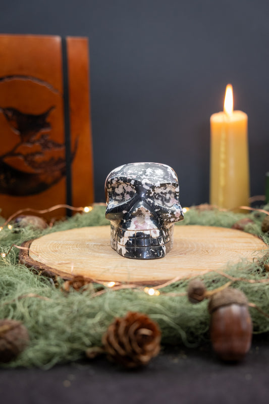 Rhodonite Crystal Skull, Heart Chakra Healing Stone, Gem Carved Skull for Emotional Balance & Spiritual Growth