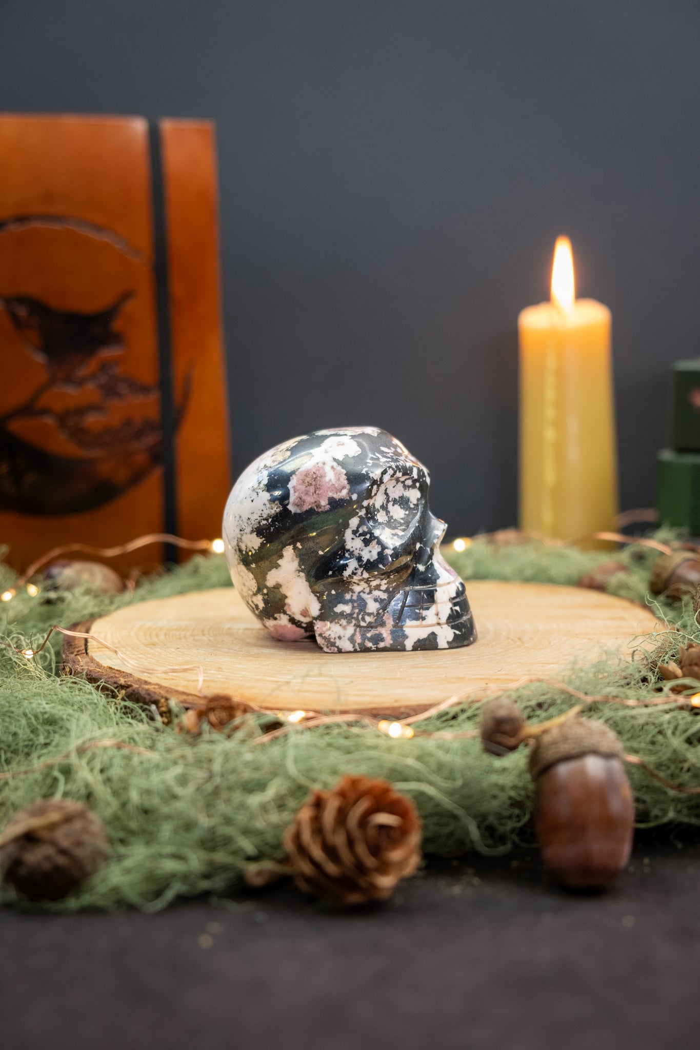 Rhodonite Crystal Skull, Heart Chakra Healing Stone, Gem Carved Skull for Emotional Balance & Spiritual Growth