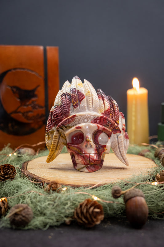 Mookaite Jasper Skull Carving, Tribal Feather Headdress Crystal Skull, Grounding Stone for Strength, Courage and Transformation