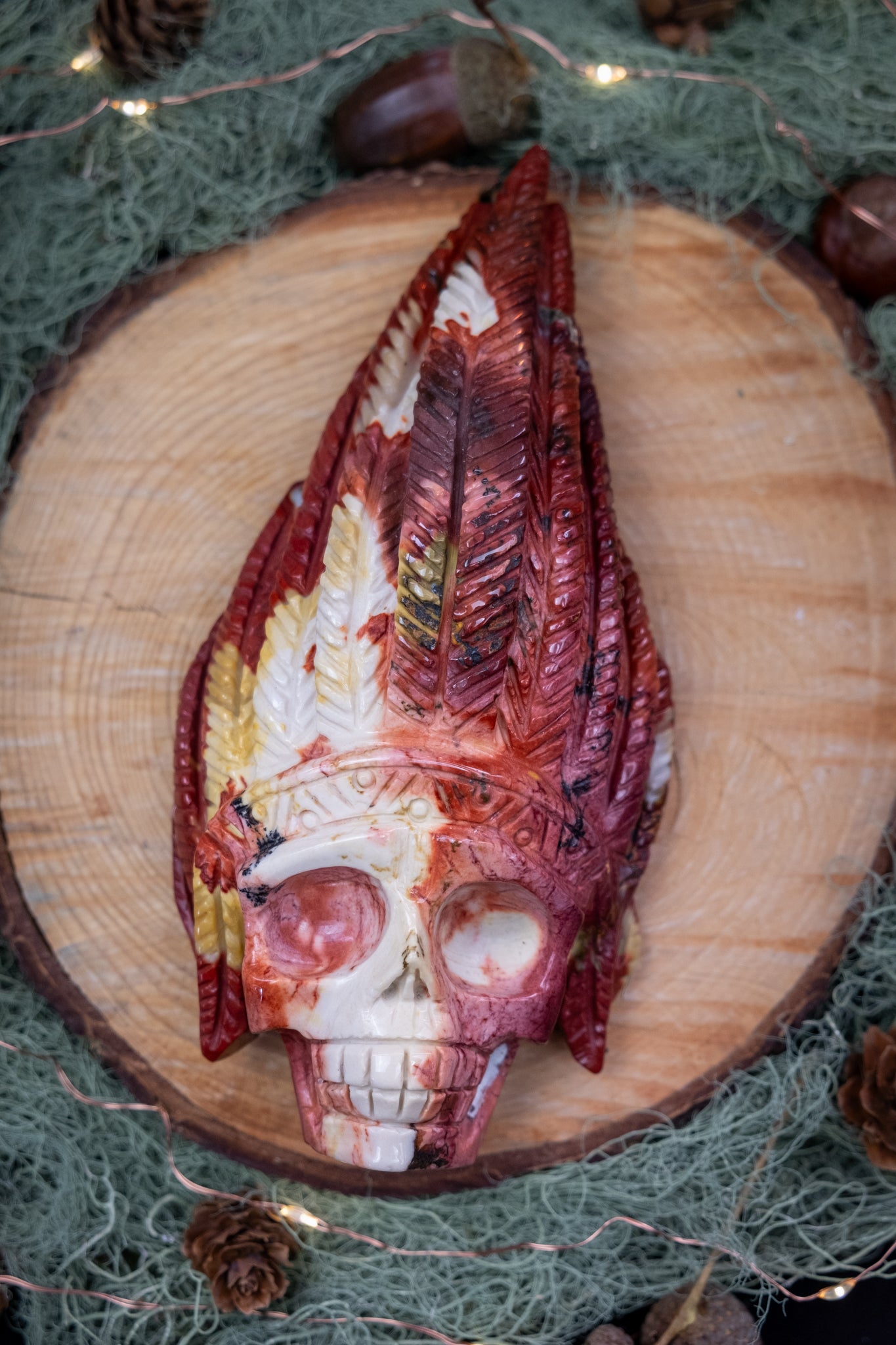 Mookaite Jasper Skull Carving, Tribal Feather Headdress Crystal Skull, Grounding Stone for Strength, Courage and Transformation