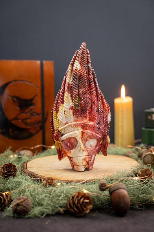 Mookaite Jasper Skull Carving, Tribal Feather Headdress Crystal Skull, Grounding Stone for Strength, Courage and Transformation