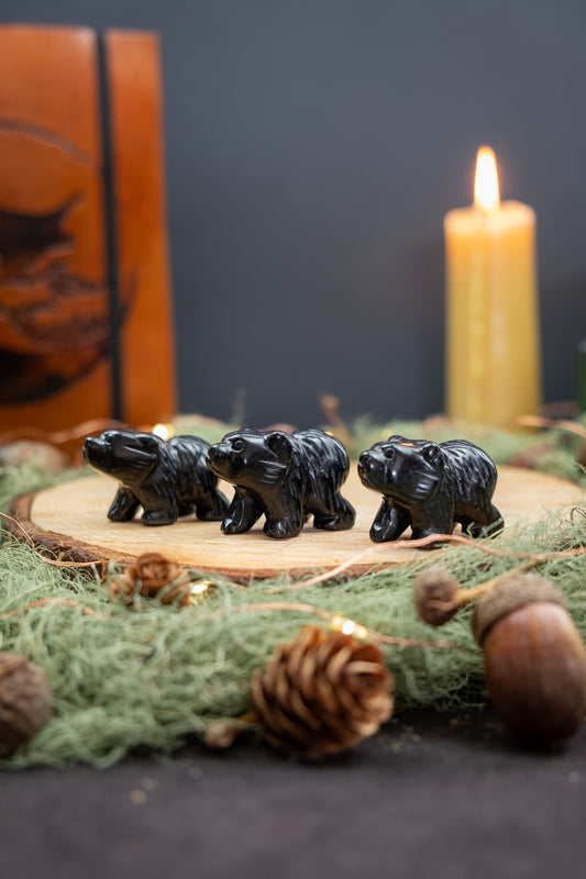 Black Obsidian Crystal Bear Carving, Hand Carved Healing Stone Animal Totem for Protection, Grounding, Strength and Energy Cleansing