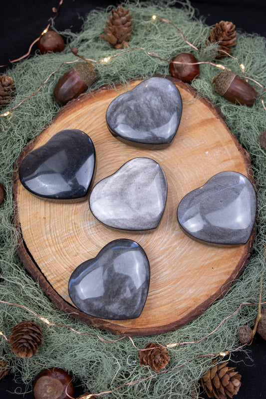 Silver Sheen Obsidian Heart Crystal, Shimmering Protection Stone for Clarity, Grounding and Intuitive Strength
