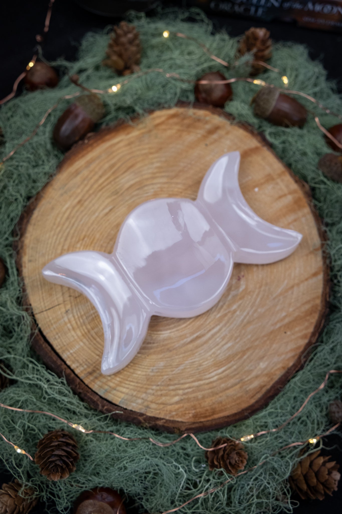 Pink Calcite Triple Moon Bowl, Hand Carved Crystal Dish for Love, Healing Energy, Calming Heart Stone, Goddess Altar Gem