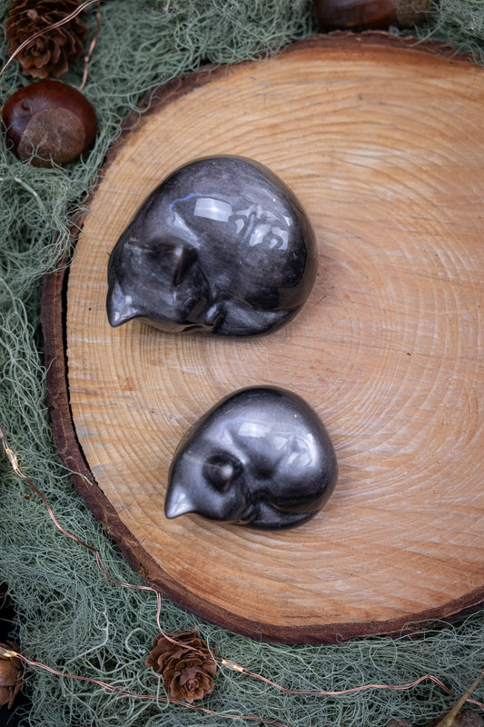 Silver Sheen Obsidian Crystal Cat, Hand Carved Gemstone for Protection, Clarity, Intuition and Grounding Energy