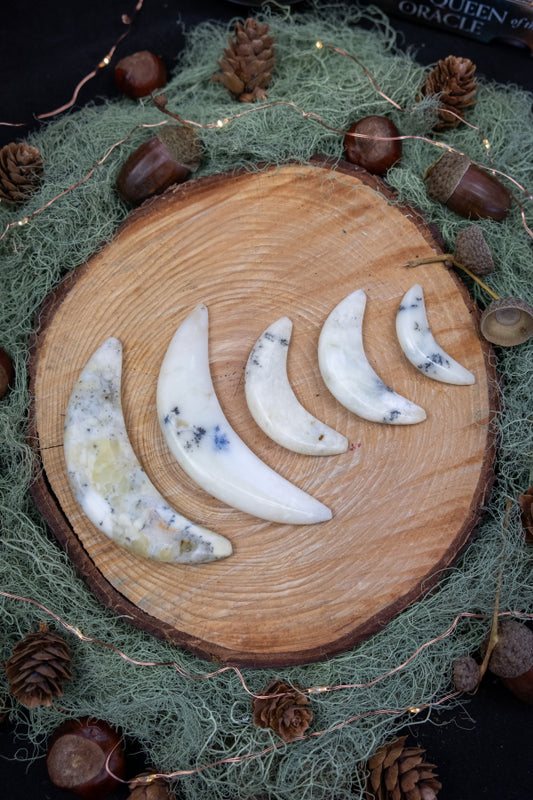 Merlinite Crescent Moon Crystal, Dendritic Opal Gemstone for Stillness, Intuition and Balance, Spiritual Stone for Meditation and Clarity