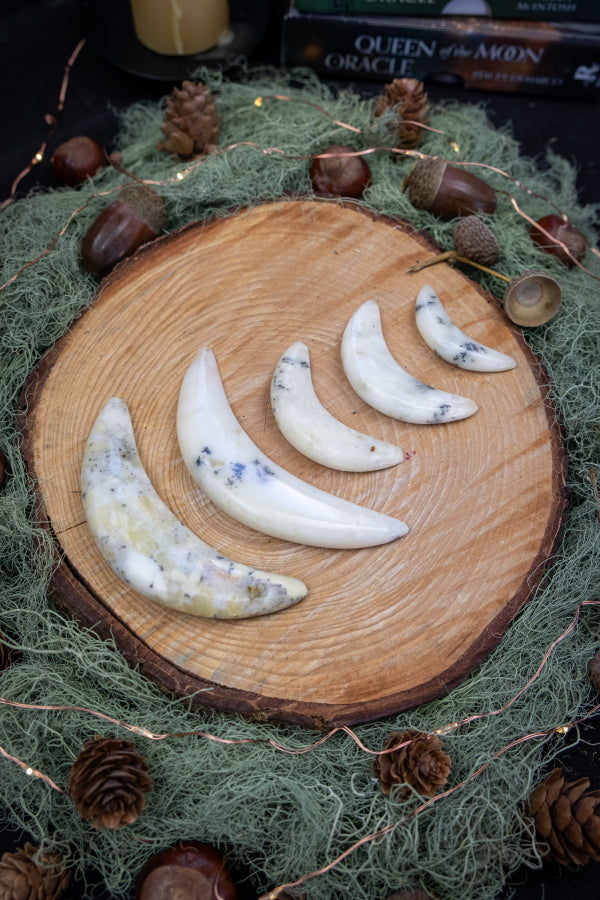 Merlinite Crescent Moon Crystal, Dendritic Opal Gemstone for Stillness, Intuition and Balance, Spiritual Stone for Meditation and Clarity