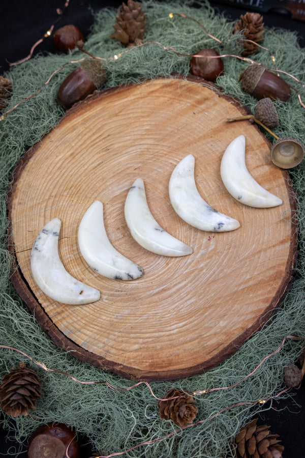 Merlinite Crescent Moon Crystal, Dendritic Opal Gemstone for Stillness, Intuition and Balance, Spiritual Stone for Meditation and Clarity