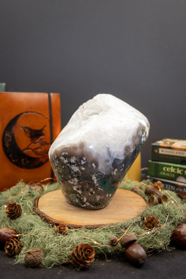 Polished Quartz Agate and Moss Agate Geode Crystal, Freestanding Gemstone with Natural Crystal Pocket and High Clarity Quartz Points
