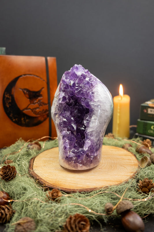 Freestanding Amethyst Crystal, Quartz and Moss Agate Stone, Deep Violet Gem, Polished from Brazil