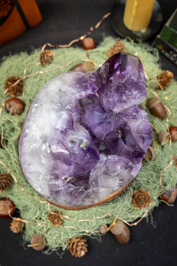 Deep Violet Amethyst Crystal Bed, Chunky Gemstone Formation, Polished Sides, Natural Actinolite Inclusions, Healing Stone from Brazil