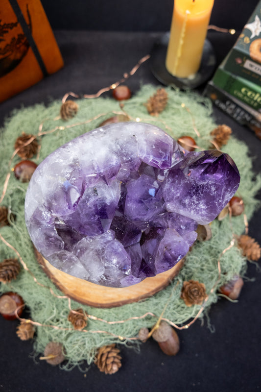 Deep Violet Amethyst Crystal Bed, Chunky Gemstone Formation, Polished Sides, Natural Actinolite Inclusions, Healing Stone from Brazil