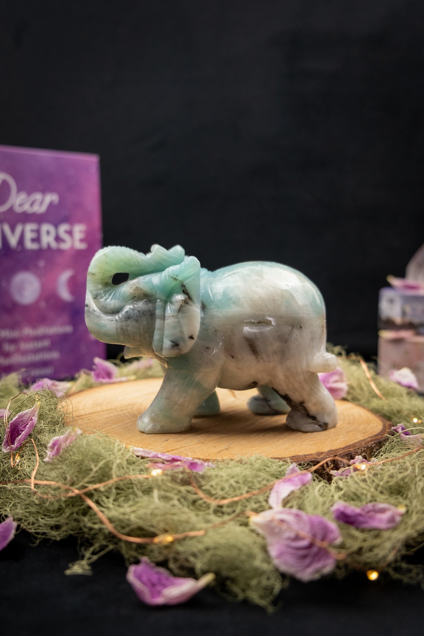 Amazonite Elephant with Black Tourmaline & Smokey Quartz