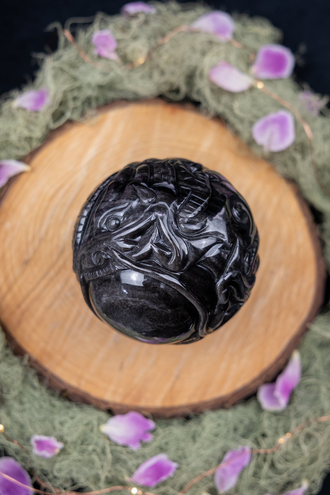 Silver Sheen Obsidian Dragon Carved Sphere