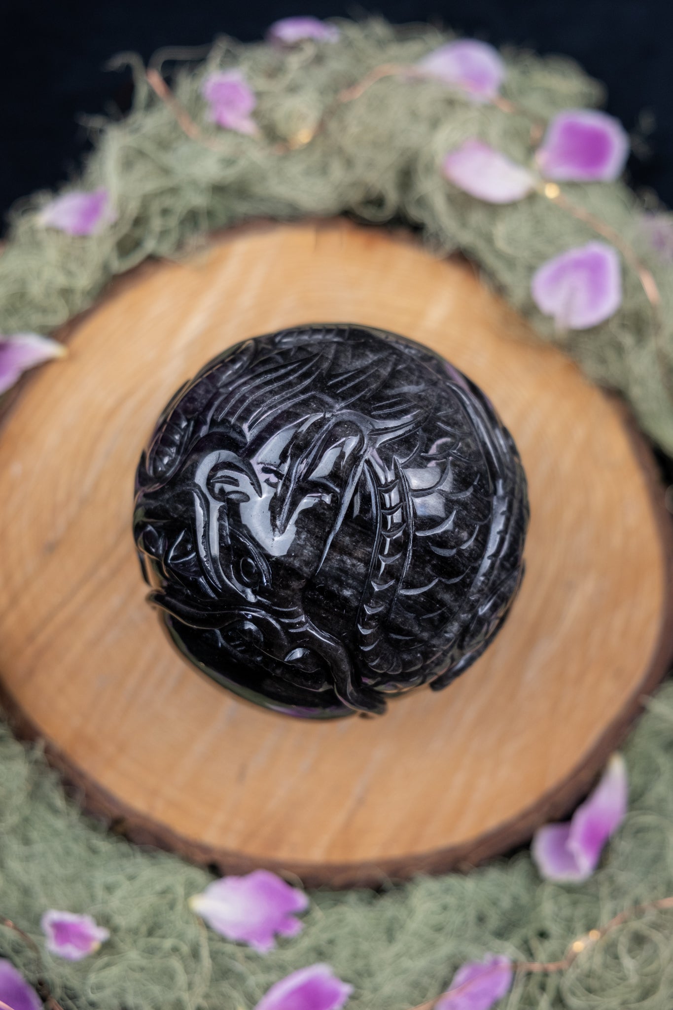 Silver Sheen Obsidian Dragon Carved Sphere