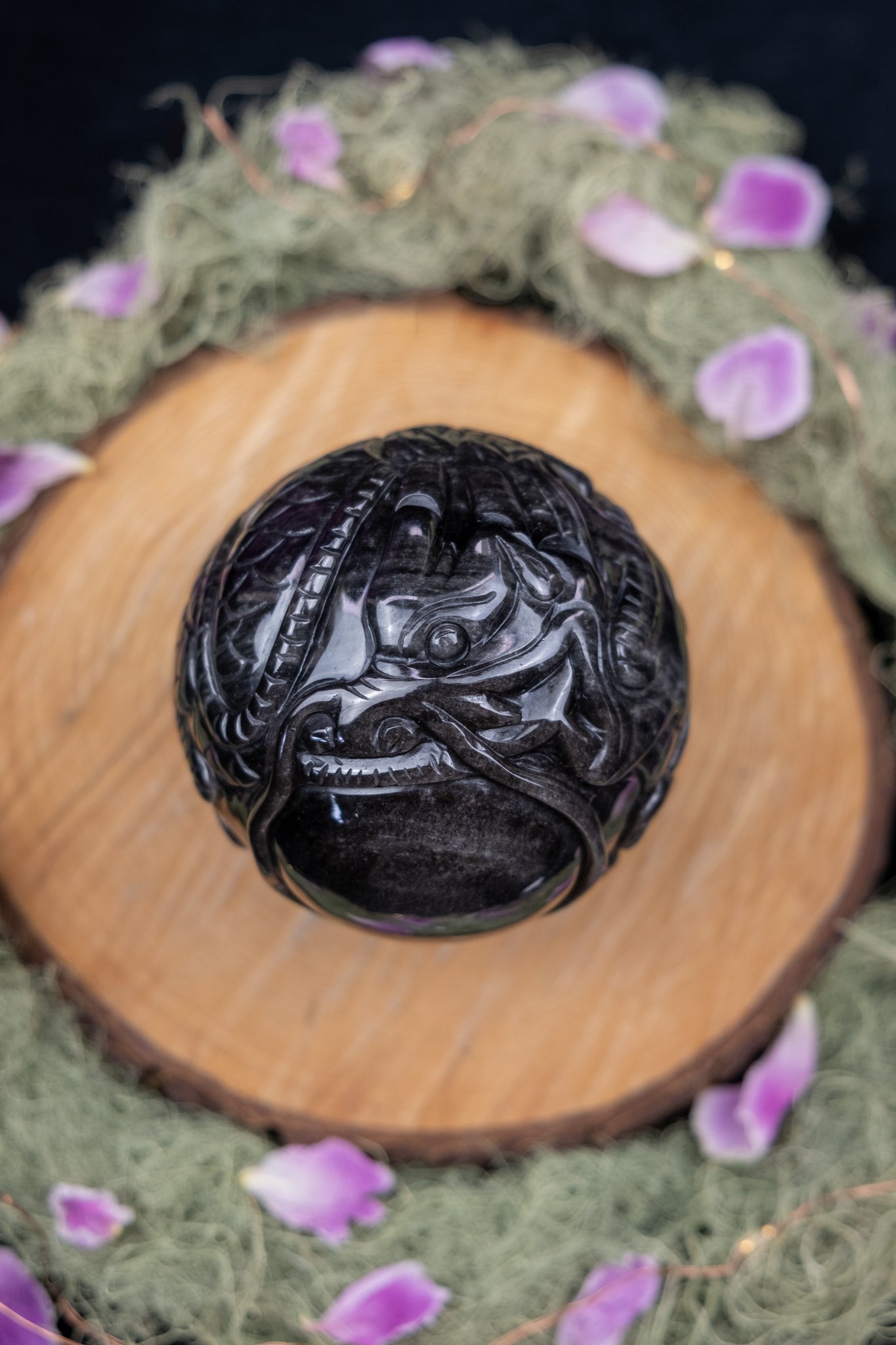 Silver Sheen Obsidian Dragon Carved Sphere
