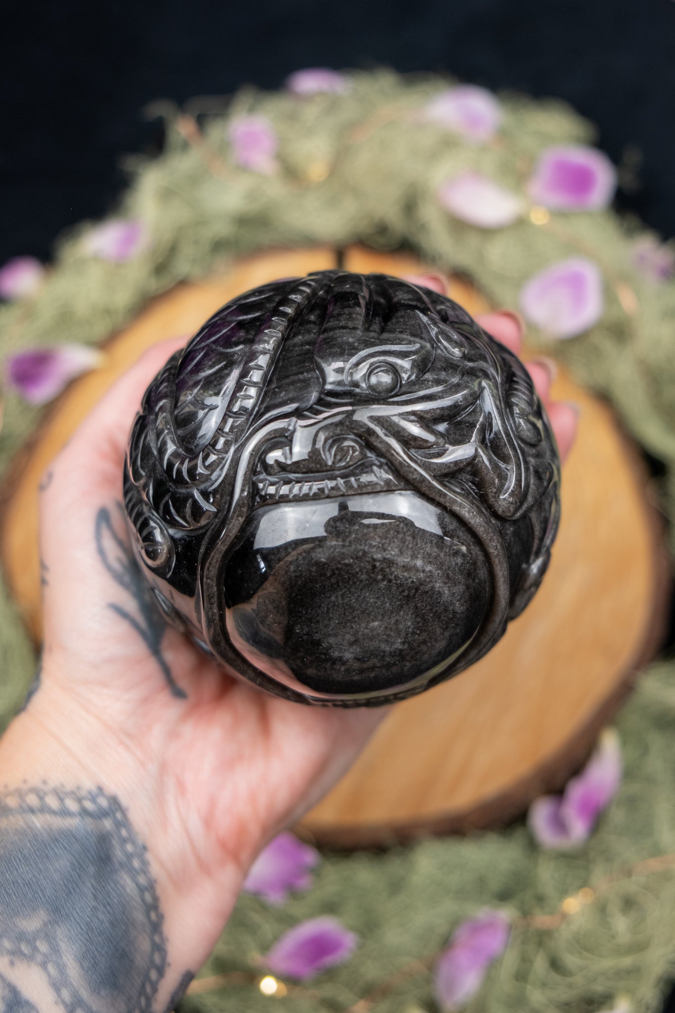 Silver Sheen Obsidian Dragon Carved Sphere