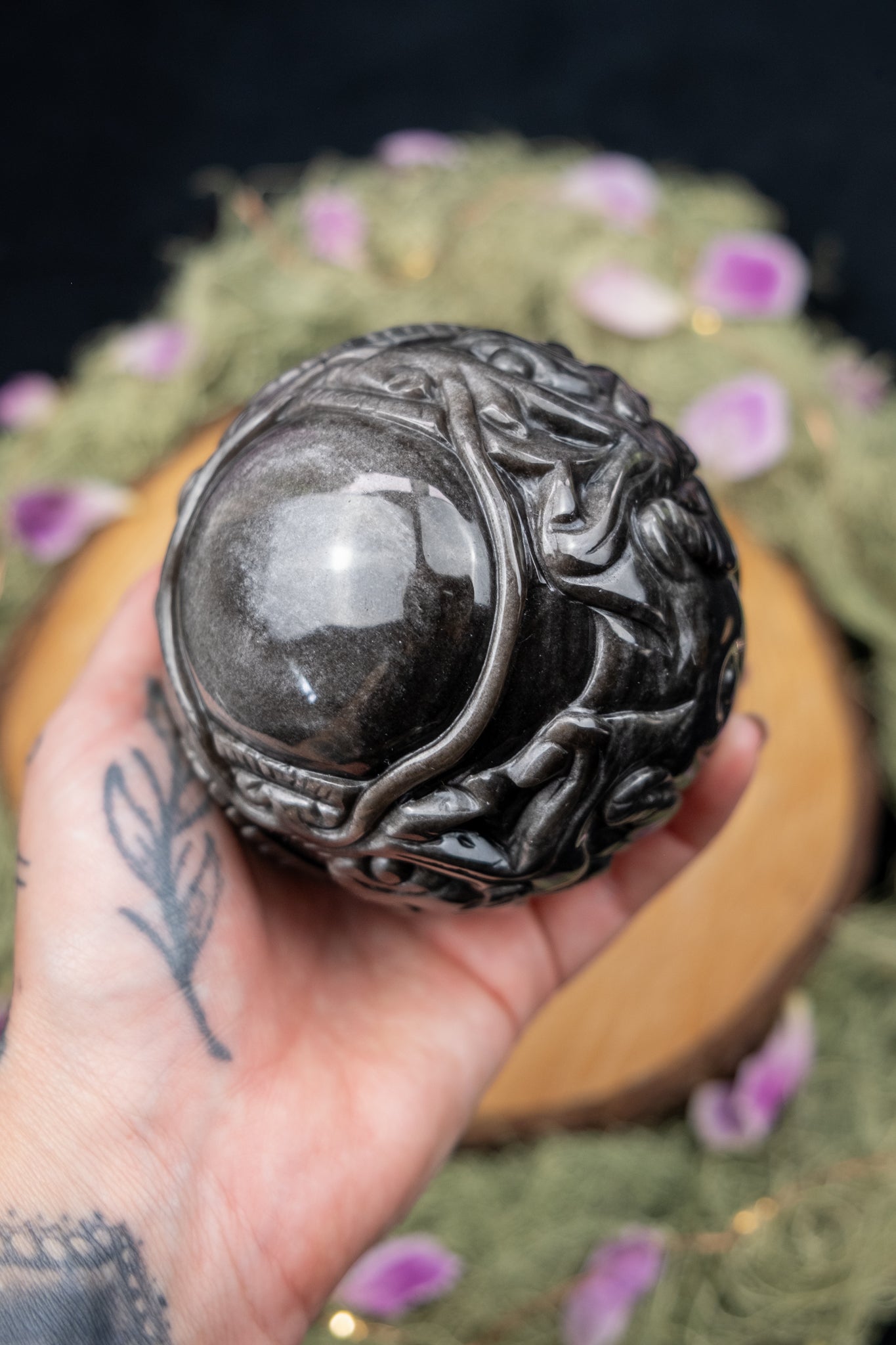 Silver Sheen Obsidian Dragon Carved Sphere