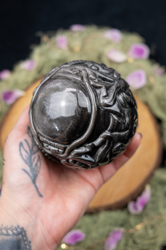 Silver Sheen Obsidian Dragon Carved Sphere