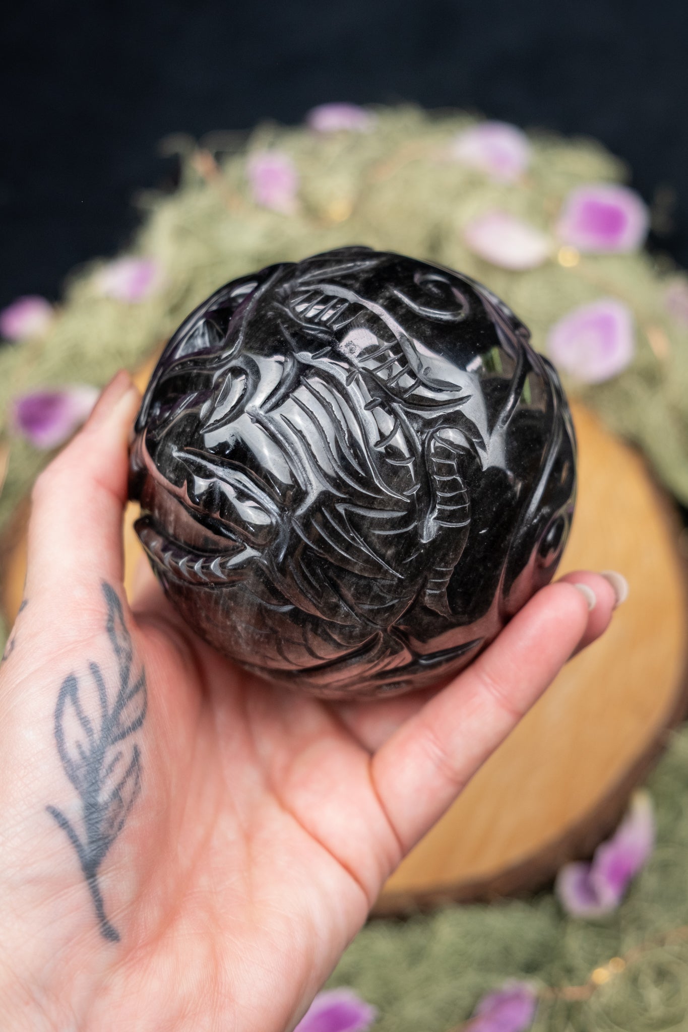 Silver Sheen Obsidian Dragon Carved Sphere