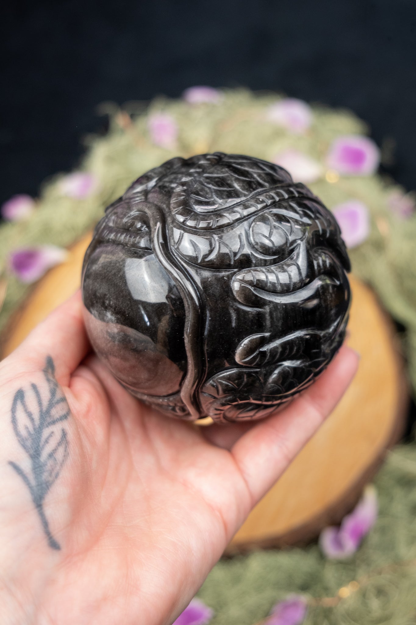 Silver Sheen Obsidian Dragon Carved Sphere