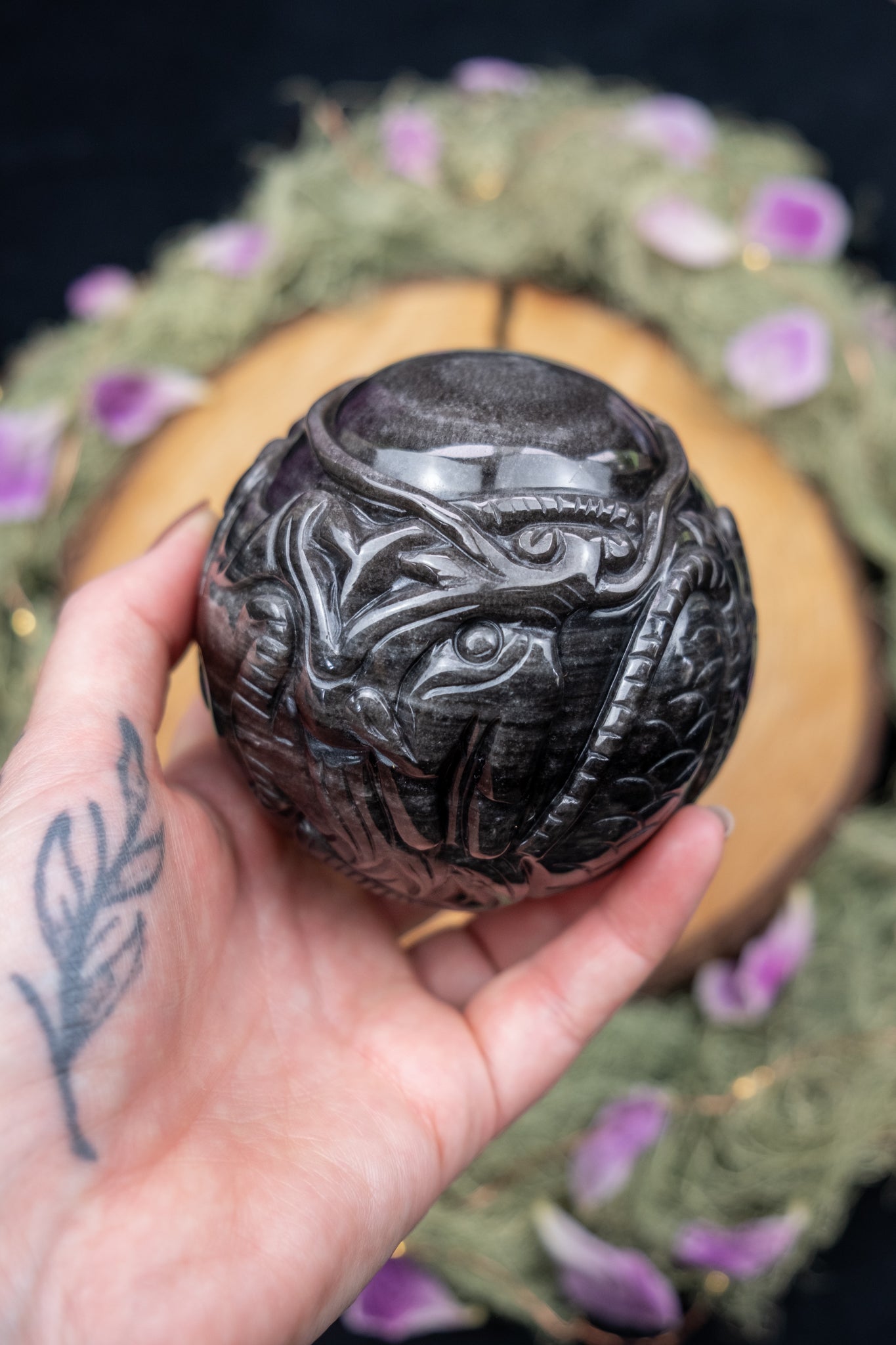 Silver Sheen Obsidian Dragon Carved Sphere