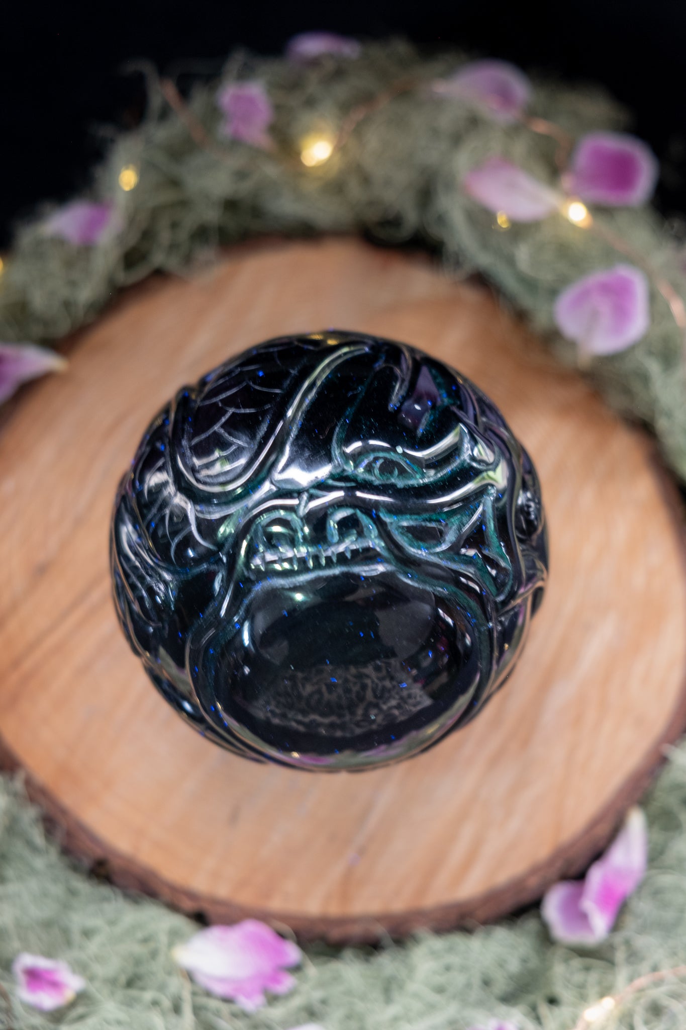 Rainbow Obsidian Dragon Carved Sphere