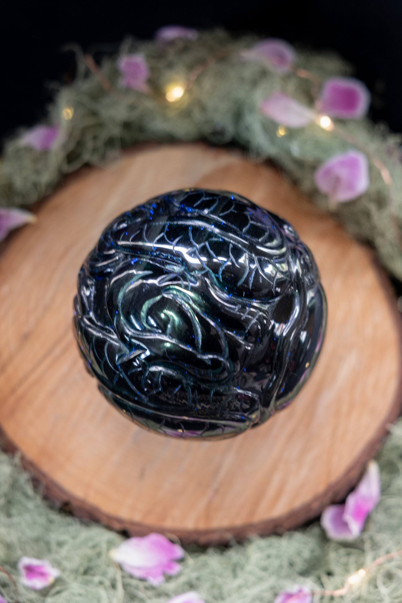Rainbow Obsidian Dragon Carved Sphere
