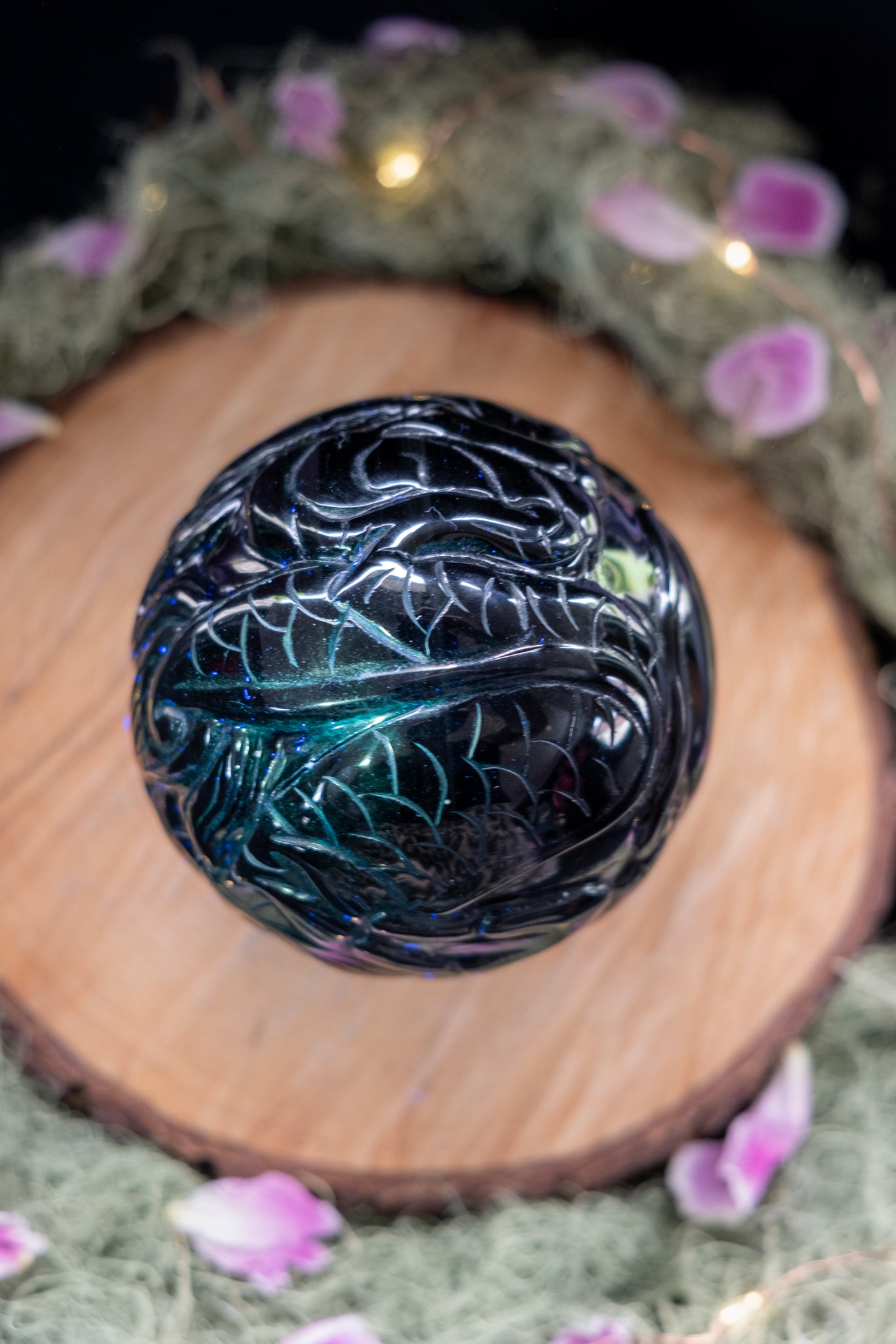 Rainbow Obsidian Dragon Carved Sphere