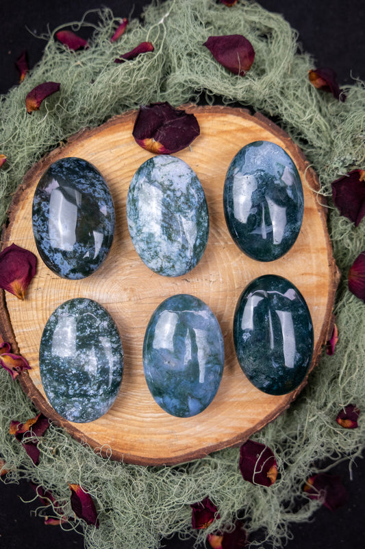 Exceptional Grade Moss Agate Palm Stone, Natural Healing Crystal Gemstone for Balance, Growth, and Connection to Nature