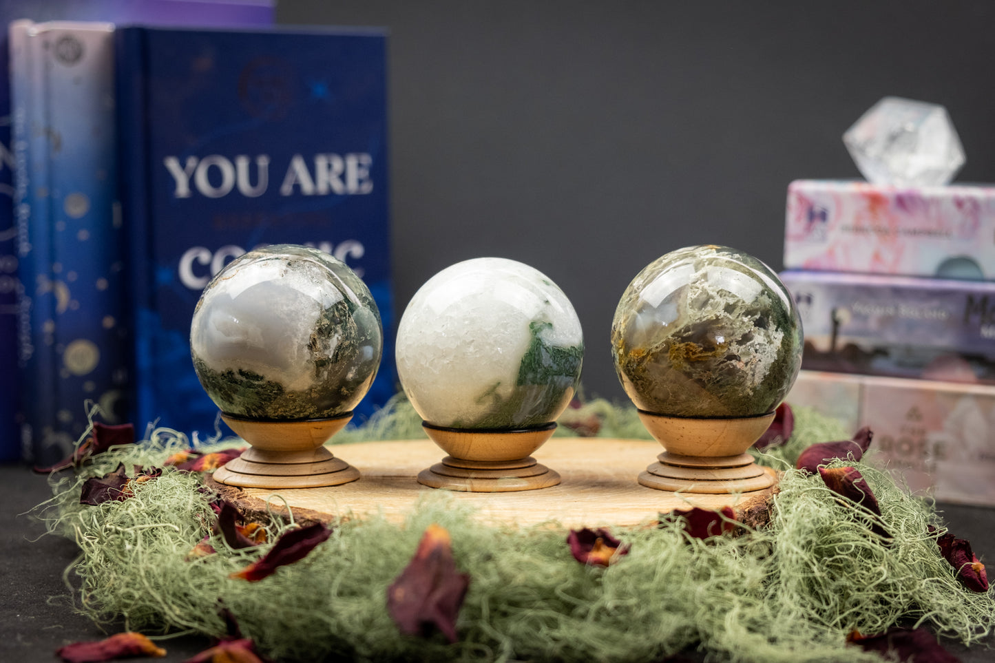 Moss Agate Sphere, Natural Green Moss Stone, Grounding, Stability, Abundance, Heart Healing Crystal