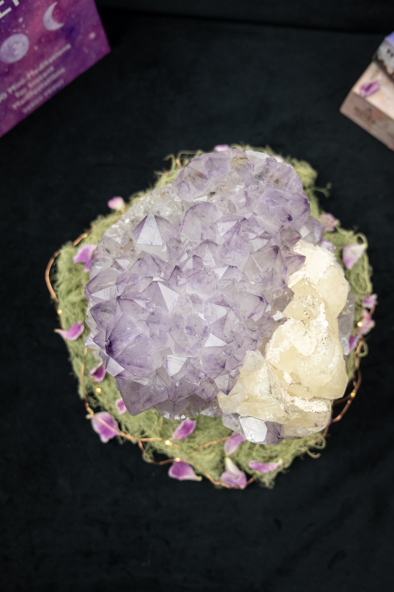 Rare Lilac-to-Deep-Tip Amethyst Flower with Calcite Drusy and Actinolite Inclusions