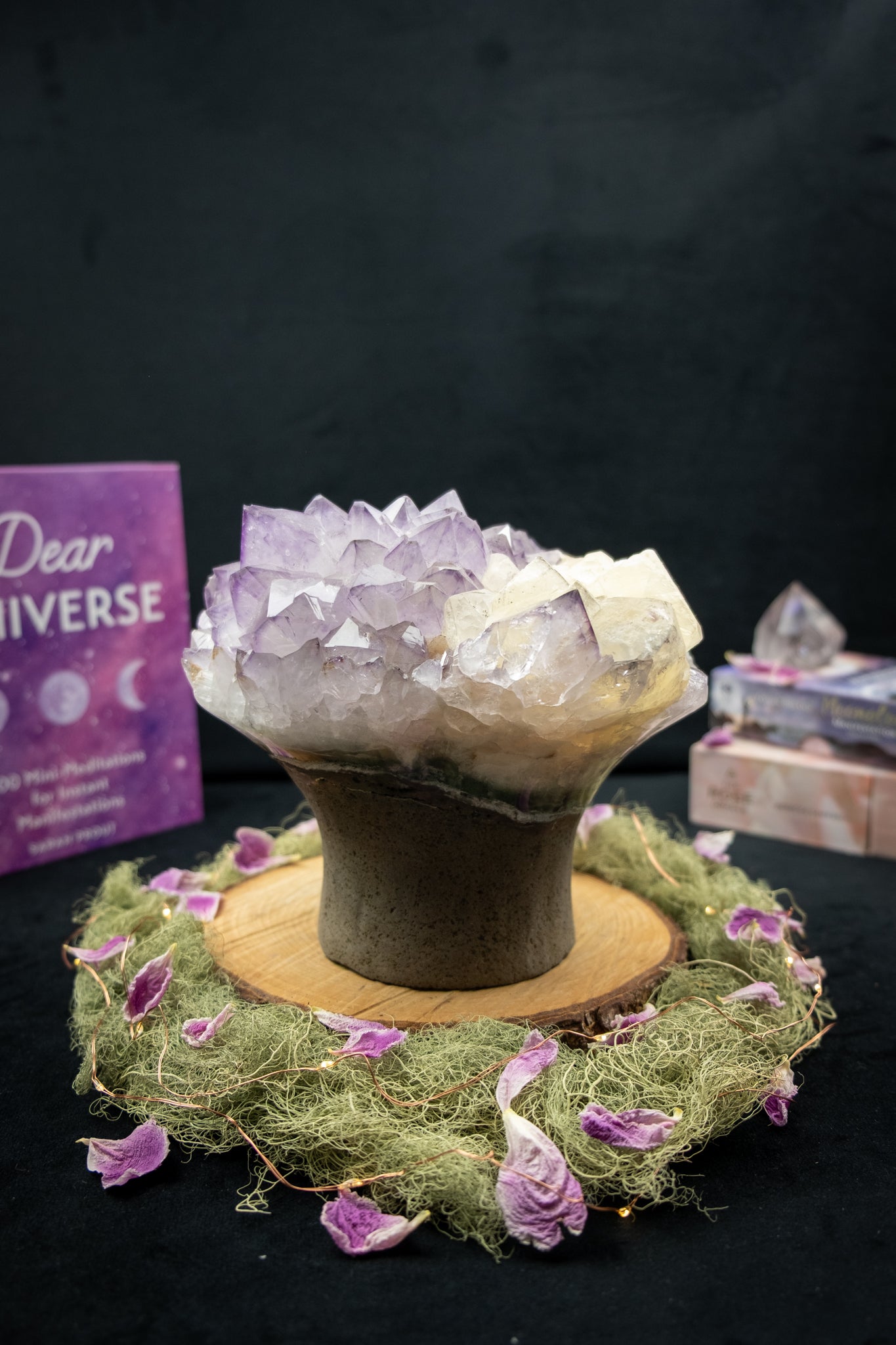 Rare Lilac-to-Deep-Tip Amethyst Flower with Calcite Drusy and Actinolite Inclusions