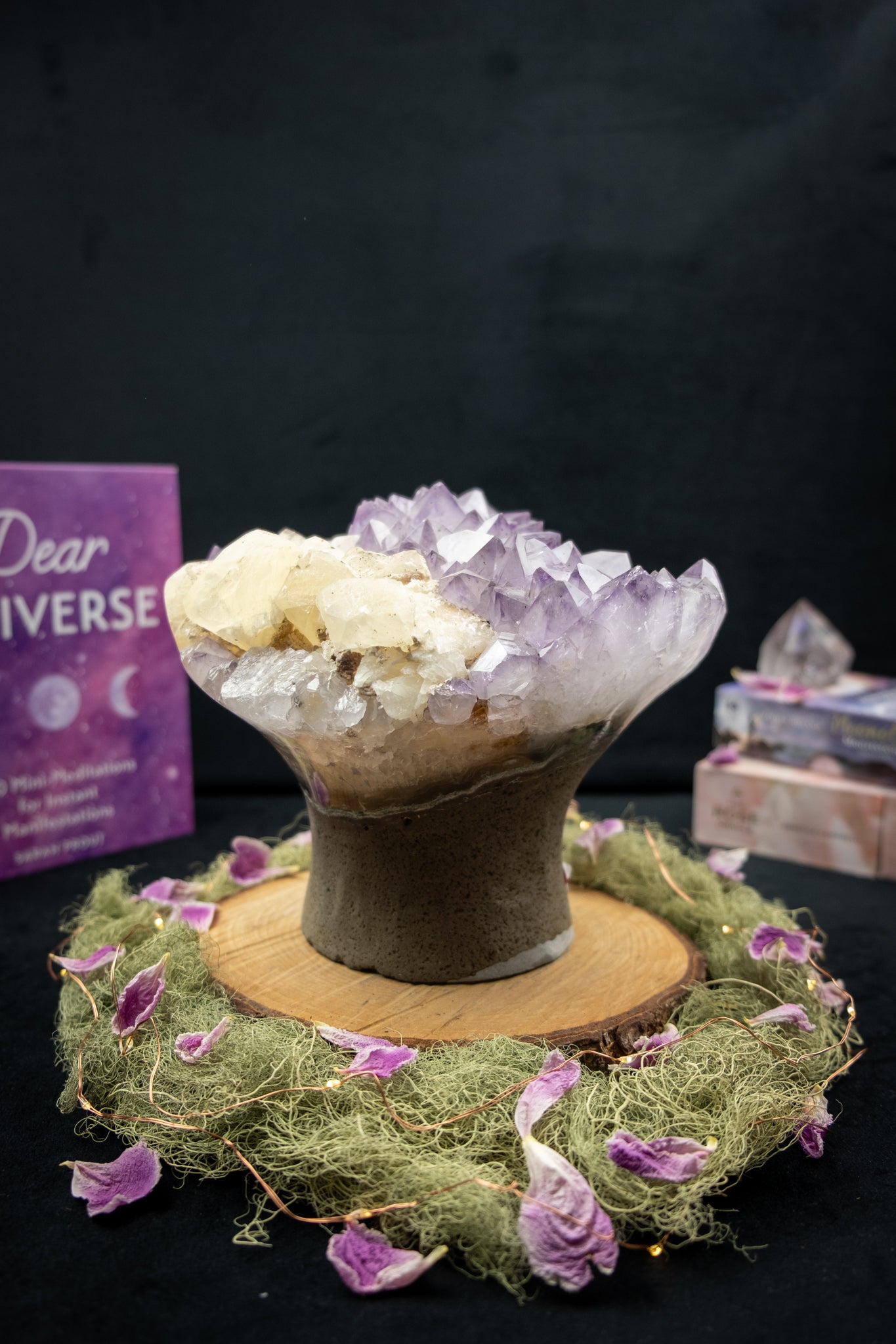 Rare Lilac-to-Deep-Tip Amethyst Flower with Calcite Drusy and Actinolite Inclusions